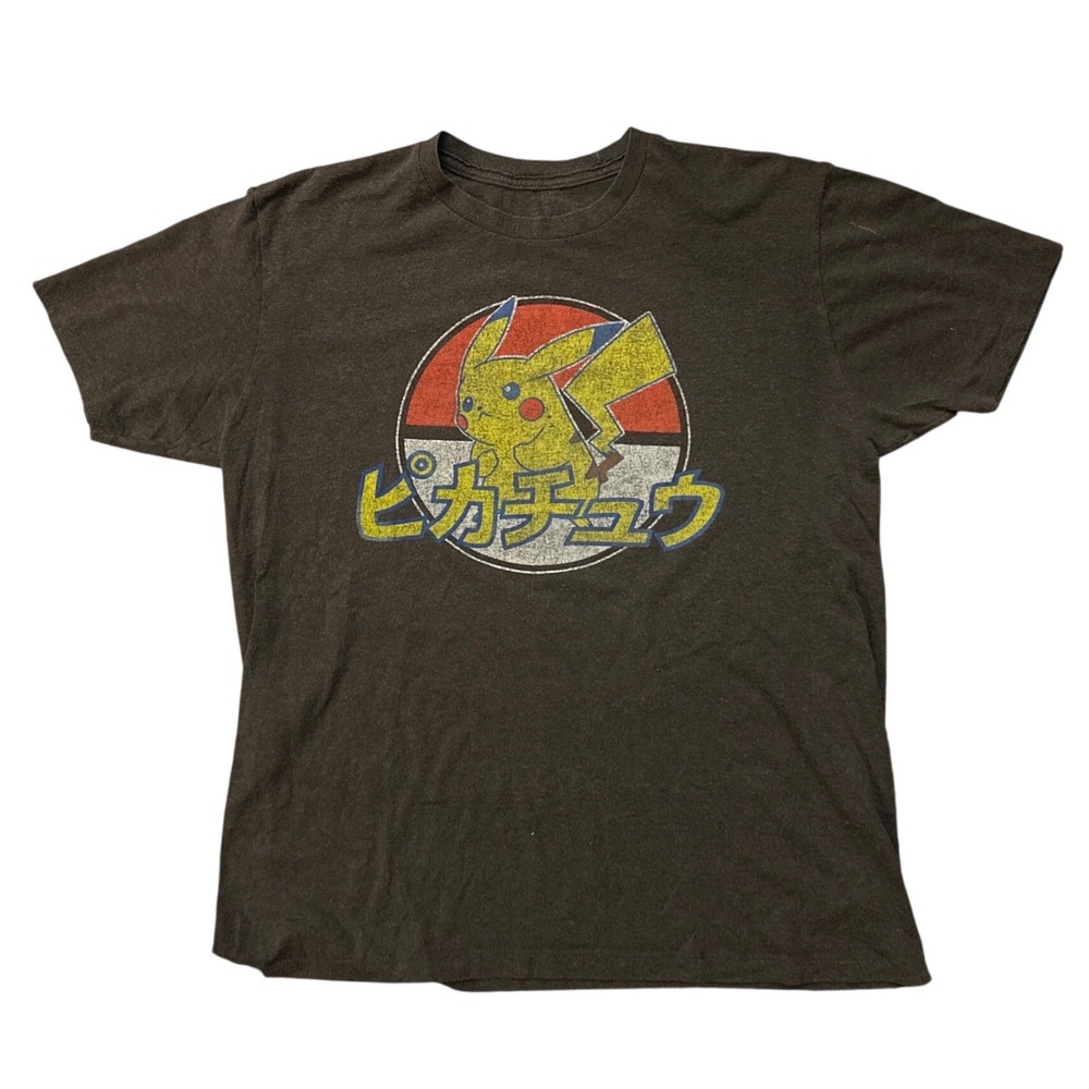 Pokemon Pikachu Japanese Katakana Graphic T Heather Charcoal Gray T-Shirt Large